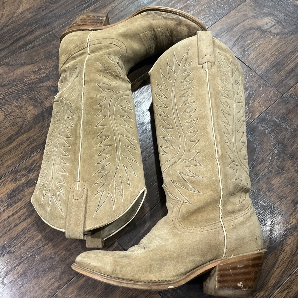 Acme Cowboy Boots Light Tan Suede Western Mid Calf Pointed Toe Sz 6 C USA Rodeo